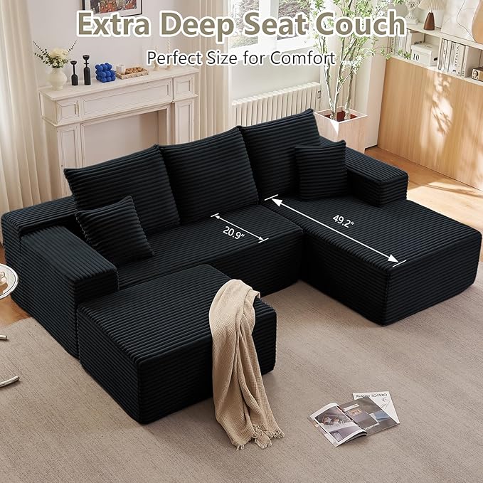 107" U-Shape Cloud Couch, Modern Modular Sectional Comfy L-Shape Sofa with Ottoman, Deep Seat, Upholstered Corduroy Sleeper Chaise Longue for Living Room Bedroom, No Assembly Required, Black