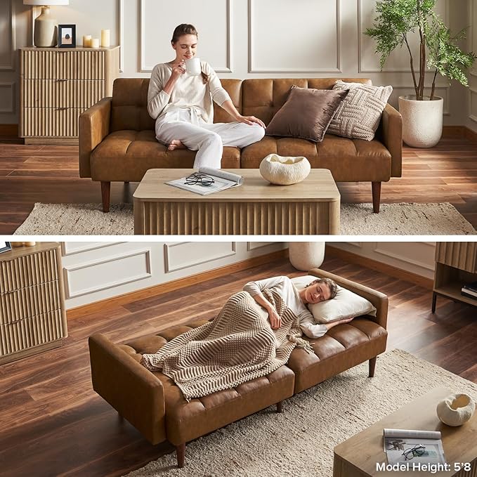 mopio Aaron 76.8" Couch, Small Futon Sofa Bed, Sleeper, Loveseat, Mid Century Modern Futon Couch, Sofa Cama, Couches for Living Room, Bedroom (Old Rosa, Velvet)