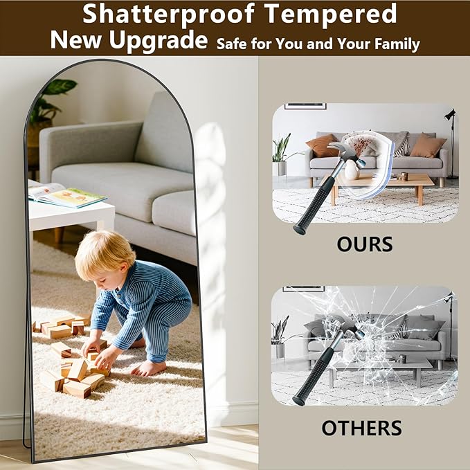 Mirror Full Length, 78"x35" Oversized Arched Floor Full Length Mirror with Stand, Room Decor Big Full Body Floor Mirror with HD Tempered Glass Aluminum Frame for Bedroom Living Room, Black