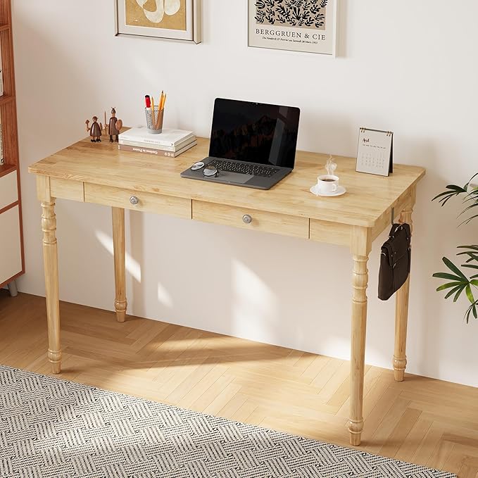 Solid Wood Desk with Drawers - 48 Inch Writing Desk with Drawers, Mid Century Modern Desk with 2 Hooks, Rubber Wood Study Table for Bedroom, Living Room & Office, Natural Boho Desks