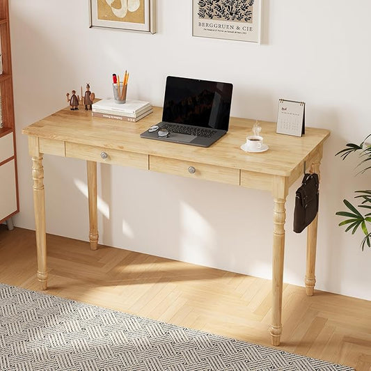 Solid Wood Desk with Drawers - 48 Inch Writing Desk with Drawers, Mid Century Modern Desk with 2 Hooks, Rubber Wood Study Table for Bedroom, Living Room & Office, Natural Boho Desks