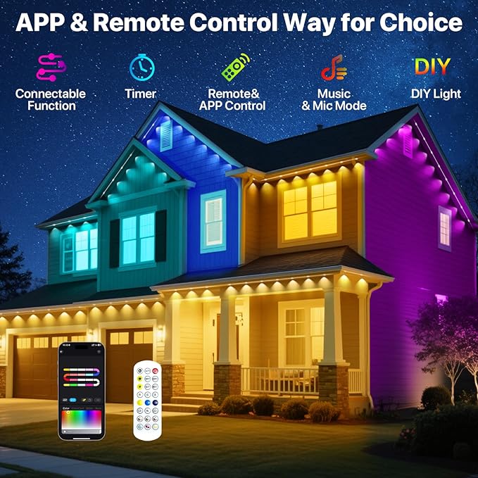 Permanent Outdoor Lights, 50FT RGB+IC LED Lights with Smart APP & Remote Control, 72 Scene Modes, Waterproof IP65 for Holiday, Christmas, Yard Decorations(Extension Cord Not Included)