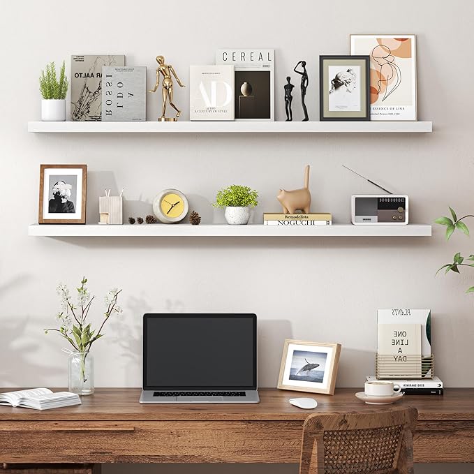 Heimlove 48 Inch Floating Shelves for Wall,Extra Long Wood Shelves Mounted Storage Hanging Shelf Invisible Bracket for Bedroom,Living Room,Kitchen,Office,Set of 2,White