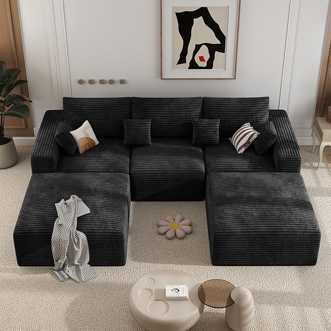 113" Modular Sectional Sofa, Convertible U-Shaped Cloud Couches for Living Room with Ottoman, 5 Seater Corduroy Boneless Couch Sofa Set, No Assembly Required, Black 1 PCS