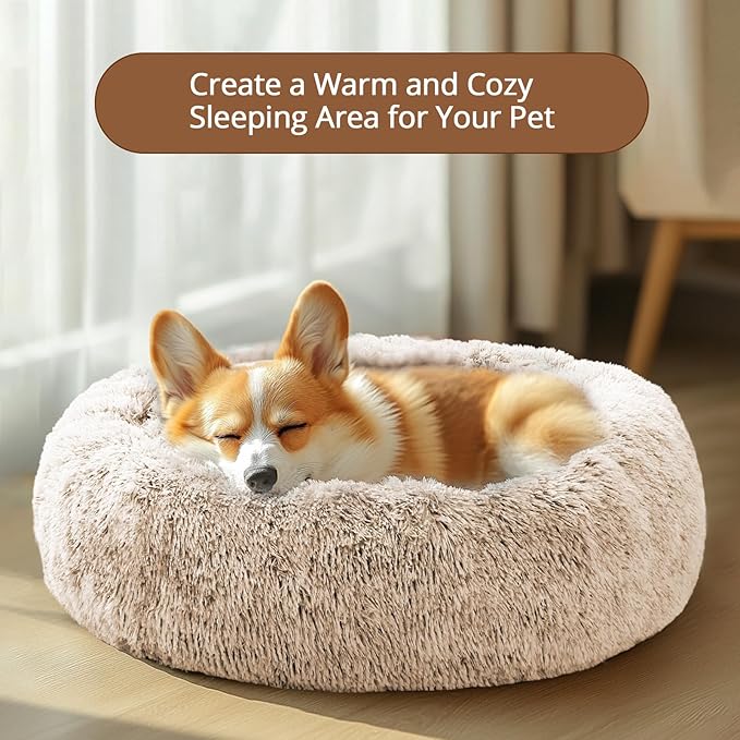 JOLLYVOGUE Calming Dog & Cat Bed for Small Dogs, Anti-Anxiety Donut Cuddler Cozy Soft Round Bed with Anti-Slip Bottom, Fluffy Faux Fur Plush Cushion Beds for Small Medium Dogs (27")