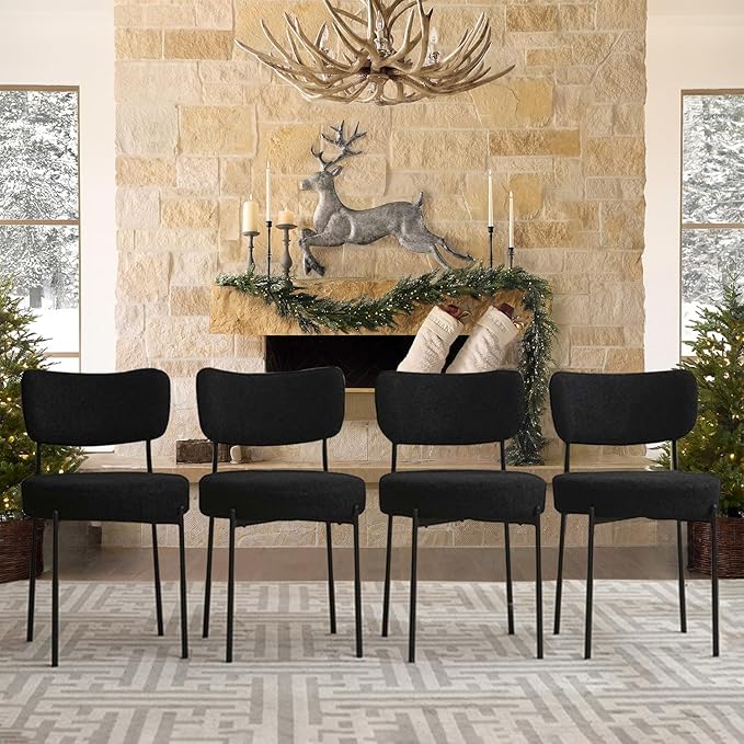 Black Boucle Dining Chairs Set of 4, Upholstered Dinner Chair with Metal Frame, Dining Room Chairs with Padded Seat, Round Modern Seating for Living Room