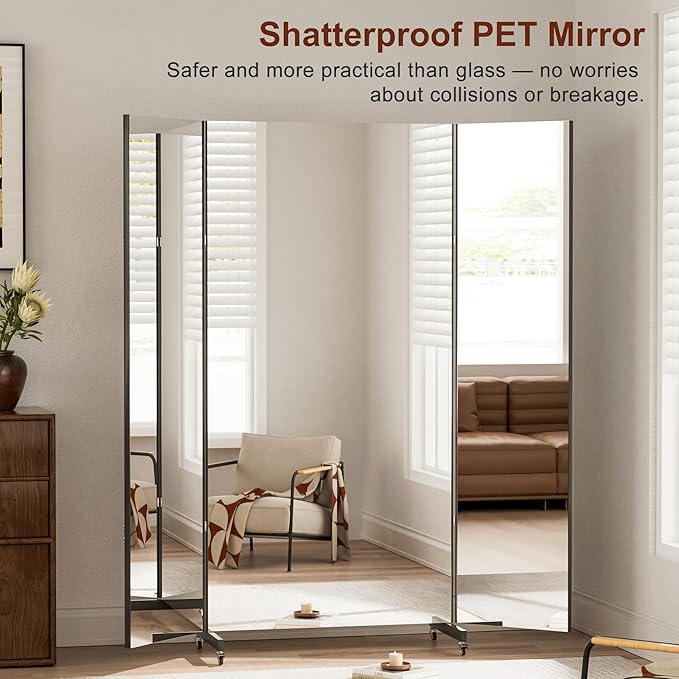 brisafe Full Length Mirror with 360° Wheels, 71"x71" Foldable Floor Mirror with Nano-Tech Shatterproof Film - Ultra-Large Mobile Mirror for Home Gym, Dance Studio & Commercial Spaces (Black)