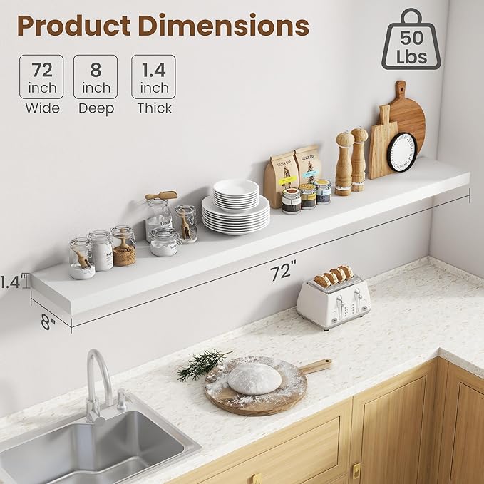72 Inch Floating Shelves for Wall, 8 Inch Deep Floating Shelf for Storage & Display, Rustic Wall Mounted Shelf with Invisible Brackets for Living Room, Kitchen, Bathroom, Home Decor, Set of 2, White