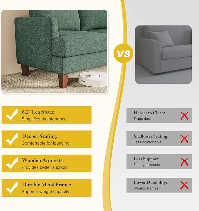 3 Seater Sofa Couch with Deep Seats, 89" Mid Century Modern Upholstered Sofa with Armrests, Comfy Couches for Living Room, Bedroom, Apartment and Office (Green)