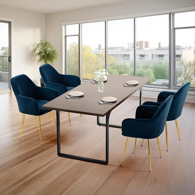 ECOTOUGE Matte Velvet Dining Chairs Set of 4, Modern Arm Chair with Golden Metal Legs, Living Room Accent Chairs for Kitchen, Blue