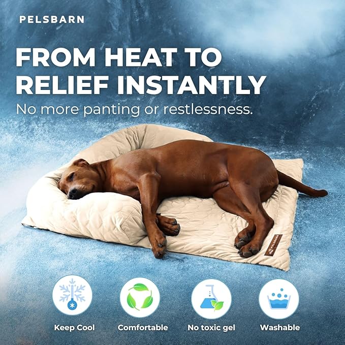 Pelsbarn Cooling Dog Bed - Ice Silk Summer Comfort, Self Cooling, Non-Slip Dog Cover, Durable & Washable, Bed for Medium to Large Dogs 34" x 34", Support Shelter Dogs with Every Purchase (Beige)