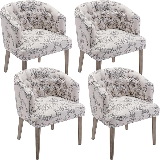 DUOMAY Modern Tufted Dining Chairs Set of 4, Linen Upholstered Side Chair, Comfy Accent Barrel Chair with Wood Legs for Home Kitchen Dining Room Living Room Restaurant, Beige Flower Pattern