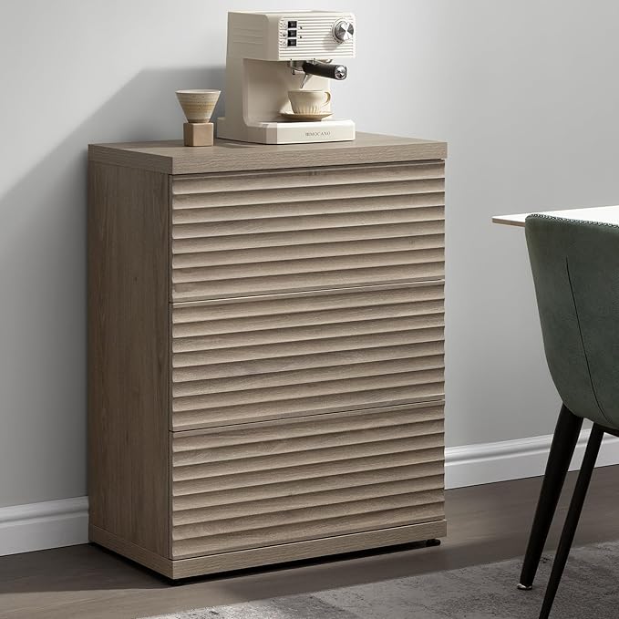 SICOTAS Sideboard Buffet Cabinet with Storage, Modern Credenza Storage Cabinet with 3 Larger Drawers, Fluted Media Console Mid Century Coffee Bar Table for Living Room Kitchen Hallway, Grey Alder