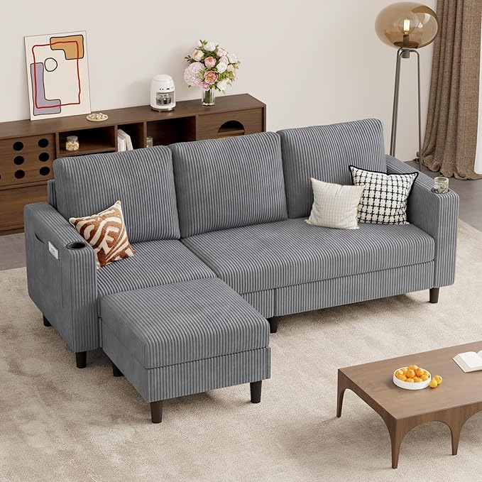 Upholstered Sectional Sofa and Couches, 78'' L Shaped 3-seat Sofa for Living Room, Apartment, Lounge,Bedroom-Washable Covers Convertible Sofas(Corduroy,Light Gary)