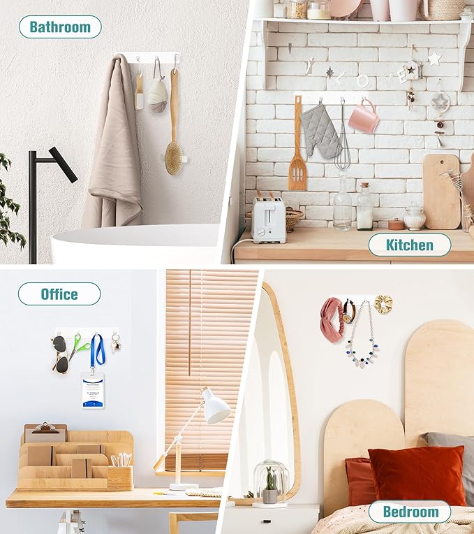 RELBRO Key Holder Wall Mount, Large Metal Self Adhesive Key Rack with 4 Hooks, 2 Installation Options, White