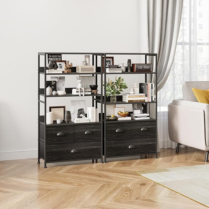 6 Tier Bookshelf, 47-Inch Small Bookcase with 3 Fabric Storage Drawers, Wood and Metal Book Shelf Storage Organizer, Industrial Display Standing Shelf Unit for Bedroom, Living Room, Black