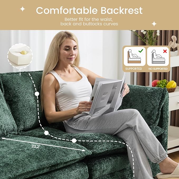 112" Modular Sectional Sofa with Movable Ottoman, L Shaped Couches for Living Room, 3 Seater Comfy Cloud Couch with Removable Cover, Armrest Pillow (Green)