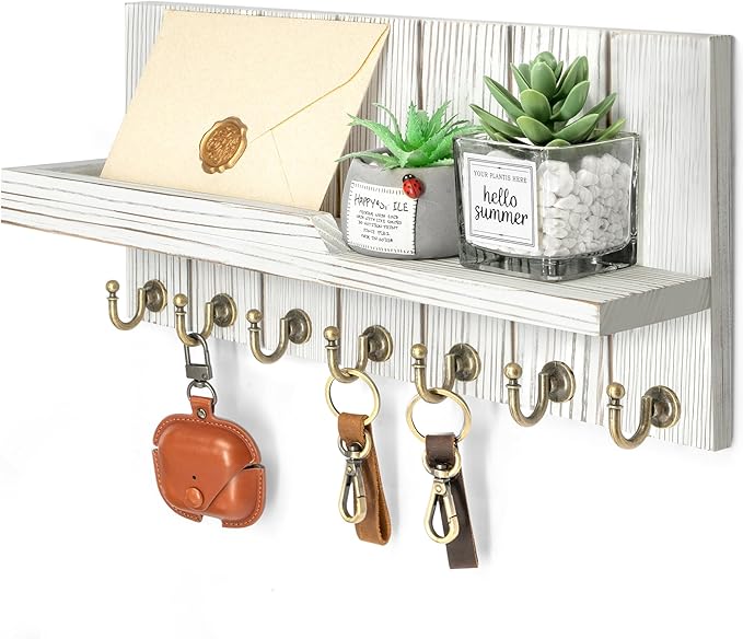 Rebee Vision Farmhouse Key and Mail Holder for Wall - Decorative Mail Organizer Wall Mount with 7 Hooks and Mounting Hardware - Elegant White Key Hanger for Entryway and Home Wall Decor (Whitewash)