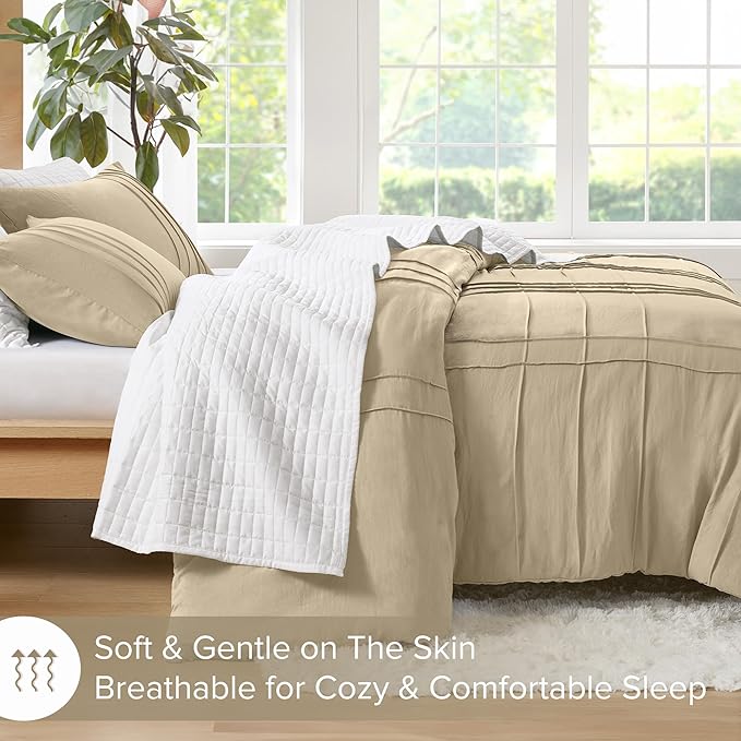 Comfort Spaces Khaki Twin Size Comforter Set - 2 Pieces Pintuck Pleated Bedding Sets, All Season Lightweight, Extra Softness Pre-Washed Microfiber Twin Bed Set, Shams, Twin
