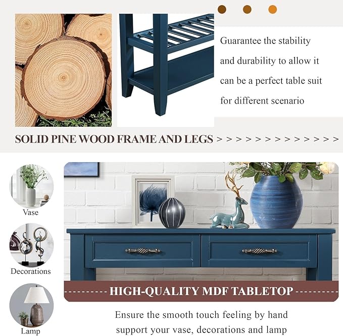 KEIKI 42”L Pine Solid Wood Entryway Console Table with 2 Storage Drawers, Mid-Century Retro Behind Couch Sofa Table with 2 Tiers Open Shelf for Hallway, Entrance, Entry Way, Living Room, Foyer