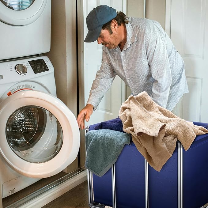Commercial Laundry Cart with Wheels, 11.35 Bushel Large Laundry Tumbler with Removable Waterproof Canvas Lined Basket, Heavy Duty Stainless Steel Laundry Basket for Hotels and Hospitals