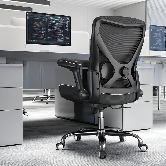 Office Home Ergonomic Desk Chair-Computer X-Shaped Chair Mesh PU Leather with Adjustable Lumbar Support-Executive Chair High Back Flip-Up Arms for Long Hours (Black-No Headrest)