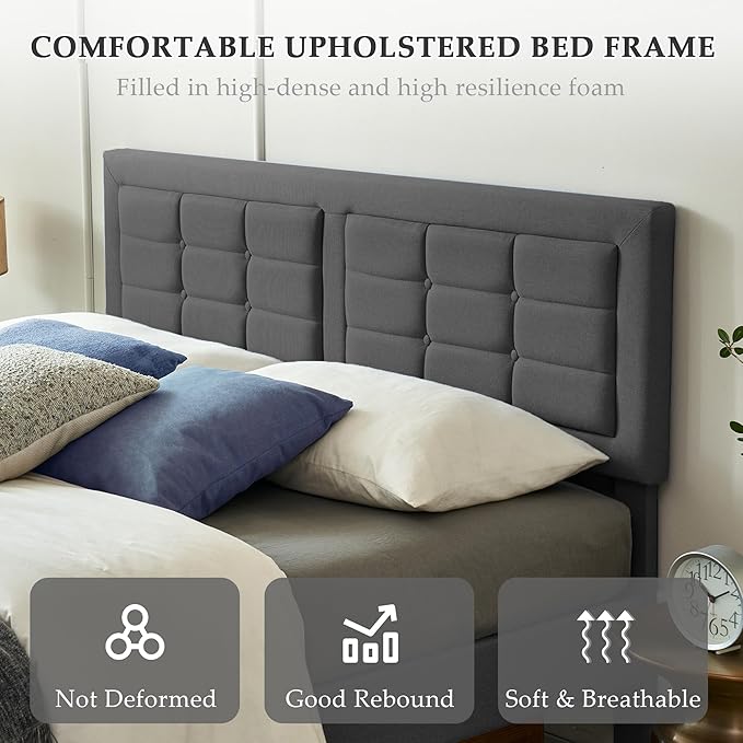 VECELO Queen Size Bed Frame with Adjustable Headboard, Upholstered Button Tufted Platform Bedframe with Wood Slats Support, No Box Spring Needed, Linen Fabric & Grey