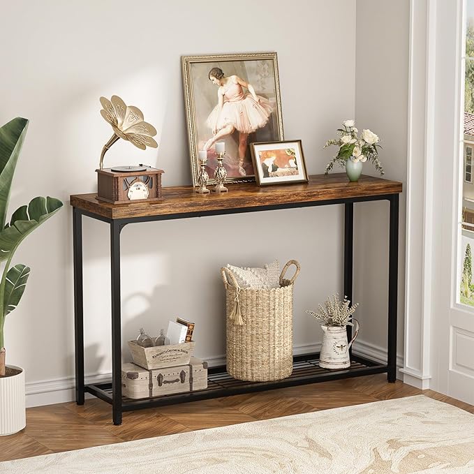 Console Table for Entryway, Narrow Entryway Table with Storage, Sofa Table with Mesh Shelves, Console Tables for Living Room, Bedroom, Hallway, Foyer (2 Tier, Rustic Brown, 47 inch)