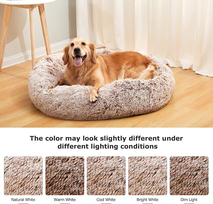 Bedfolks Calming Donut Dog Bed, 36 Inches Round Fluffy for Large Dogs, Anti-Anxiety Plush, Machine Washable (Brown, Large)