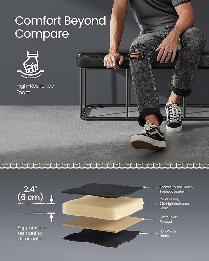 VASAGLE EKHO Collection - Storage Bench for Entryway, Ottoman Bench with Steel Frame, 43.3-Inch Wide, Synthetic Leather, Living Dining Room, Mid-Century Modern, Loads 660 lb, Ink Black ULOM085B01