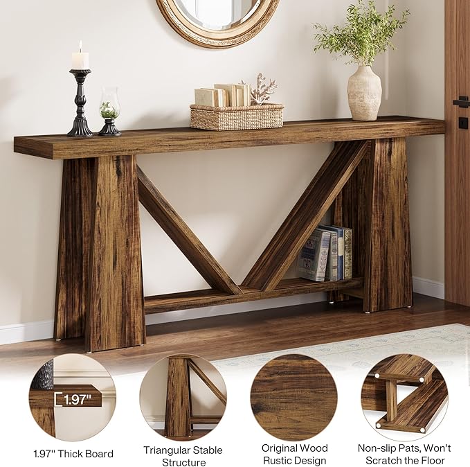 Tribesigns 70.9-Inch Long Console Table, Farmhouse Entryway Table with Storage, Narrow Sofa Console Behind Couch with 4 Stable Bases for Living Room, Entrance, Hallway (Rustic Brown)