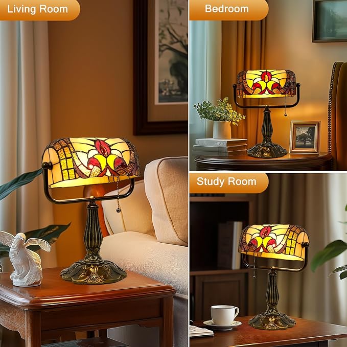 Tiffany Style Bankers Lamp - Stained Glass Desk Lamps with Baroque Design & Pull Chain, Vintage Table Lamp Bankers Desk Light for Office Bedroom Nightstand Living Room LED Bulb Included