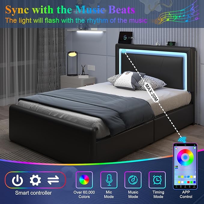 Twin Size Bed Frame with 4 Storage Drawers and LED Lights, Upholstered Platform Bed with Adjustable Headboard and Charging Station, Metal Slats Support, No Box Spring Needed,Easy Assembly, Black