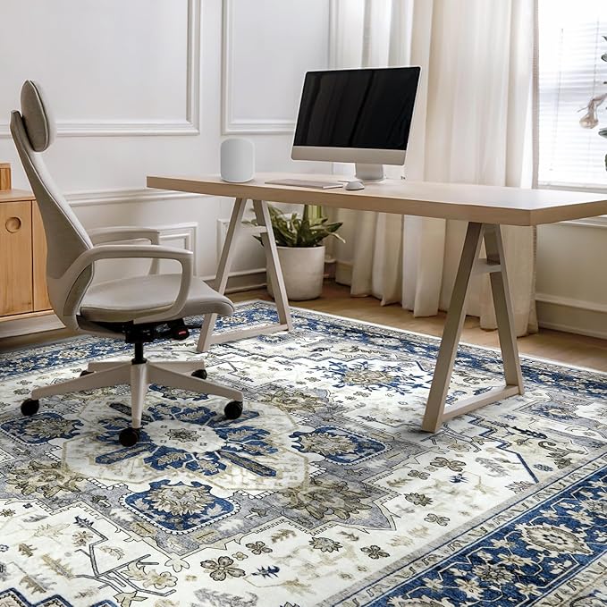 Area Rugs for Living Room 9x12 - Large Machine Washable Vintage Oriental Soft Rug, Low Pile Thin Carpet with Non Slip Backing for Bedroom, Dorm, Under Dining Room Table, Indoor House, Office Decor