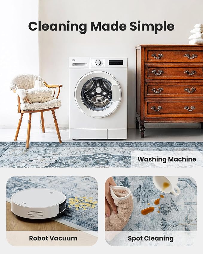 AMADA HOMEFURNISHING 8x10 Area Rug, Washable Low-Profile Large Area Rug with Non-Slip Backing & Durable Edge Binding, Vintage Large Rugs for Living Room, Bedroom