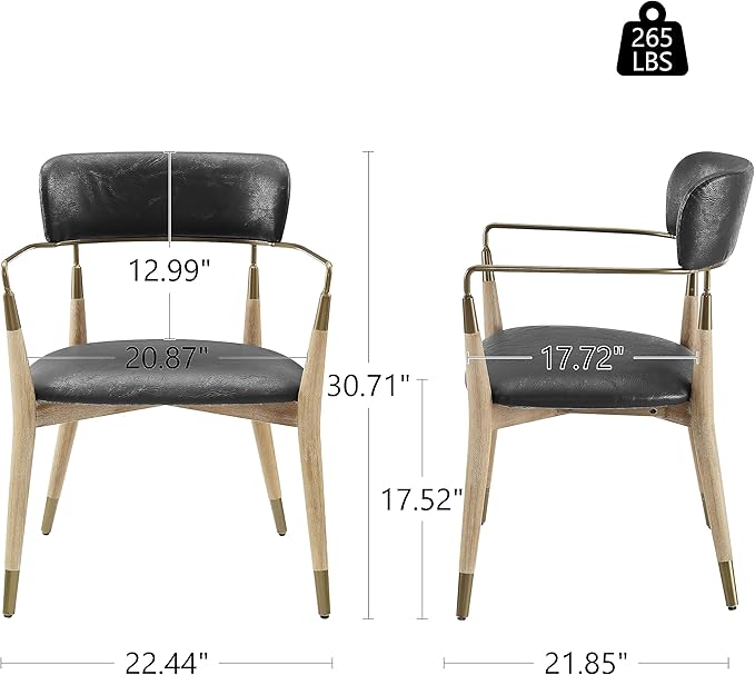 Art Leon Dining Chairs Set of 2 - Mid Century Modern Dining Room Chairs, Faux Leather Upholstered Accent Chair with Open Backrest, Wishbone Chair with Wood Legs, Black