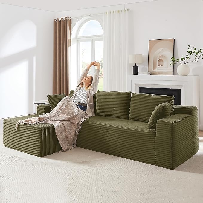 104 Inch Cloud Sectional Couch with L-Shape Chaise,Modern Upholstered Couches with Deep Seat,Corduroy Sponge Compressed Sofa for Living Room,No Assembly Required (Green)