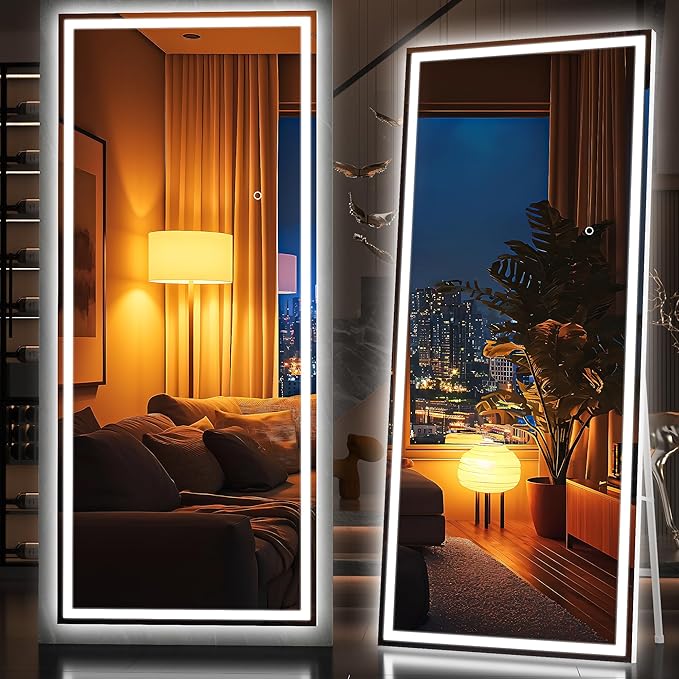 Hasipu Full Length Mirror with Lights, 75" x 28" LED Lighted Floor Standing, Full Body Dressing Hanging Mounted Mirror, Dimmable, Tempered Glass, Safe to Use, Square White