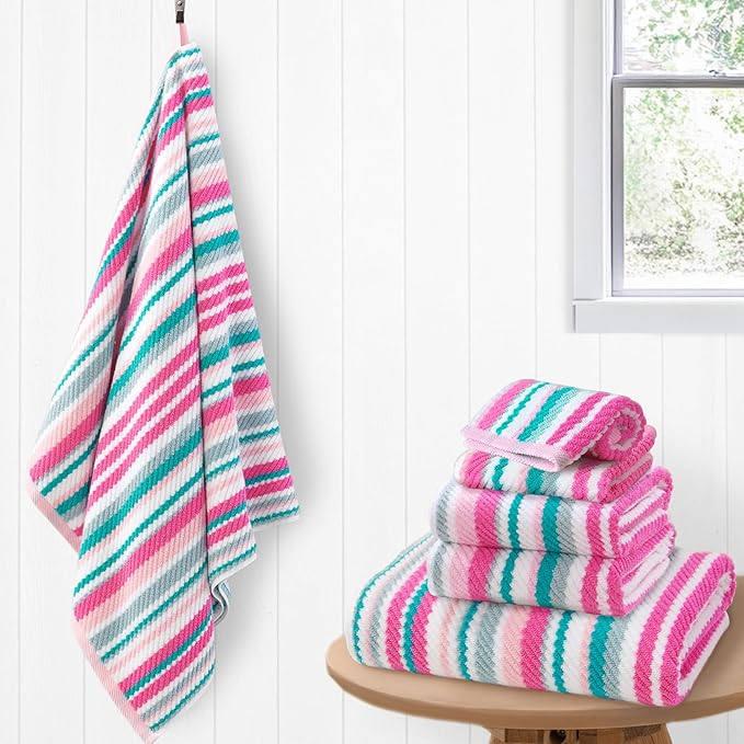 Pink Soft Towel Set (6PC, 100% Cotton), 2 Bath 28"x52", 2 Hand 16"x27", 2 Wash Cloth 13"x13, Quick Dry Towels with Hanging Loop, Striped Absorbent Towels Set for Bathroom & Guest, Pink and Aqua Stripe
