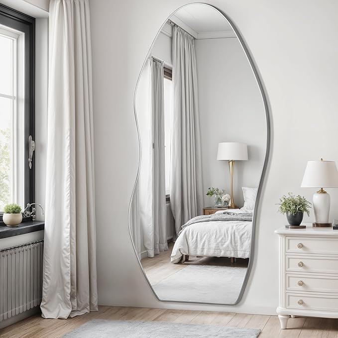 Antok Full Length Mirror, 76"x36" Floor Mirror with Stand, Standing Hanging Leaning Irregular Mirrors for Bedroom Living Room Entryway, Wavy Shaped, Silvery