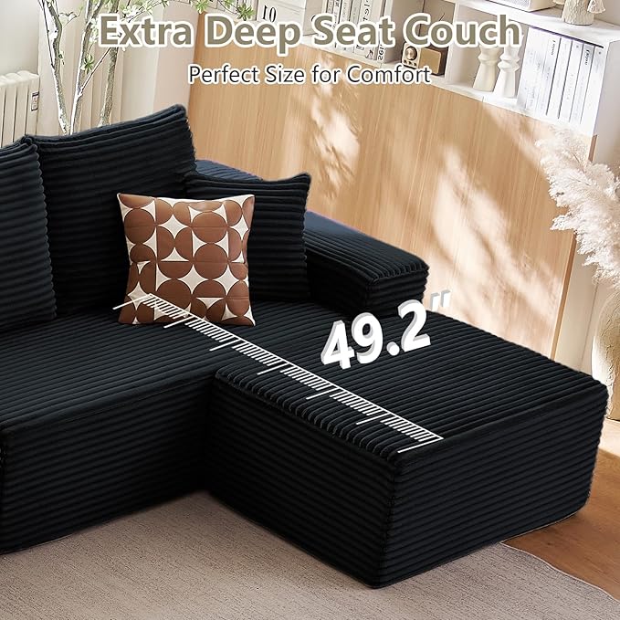 166.9" L-Shape Sofa with Ottoman, Modern Modular Sectional Comfy U-Shape Cloud Couch, Deep Seat, Upholstered Corduroy Sleeper Chaise Longue for Living Room Bedroom, No Assembly Required, Black