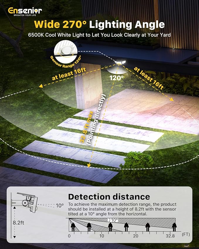 Ensenior Motion Sensor Outdoor Lights, 220 LED IP65 Waterproof Solar Security Light with Remote Control, 3 Heads Solar Flood Light Outdoor with 4 Modes, 270° Wide Angle Motion Light for Outside -4Pack