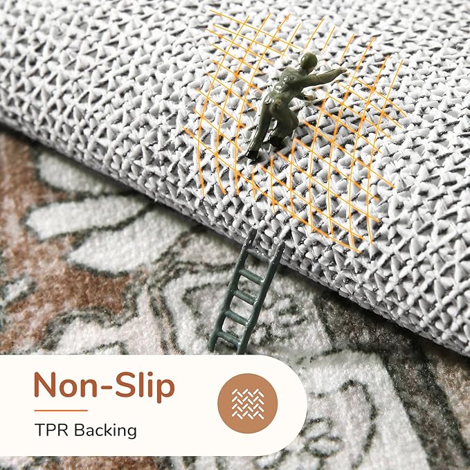 OPPODREAM Thin 10x14 Area Rugs, Washable Rugs 10x14 with Non Slip Backing, Low-Pile Faux Cashmere 10 x 14 Carpet, Brown