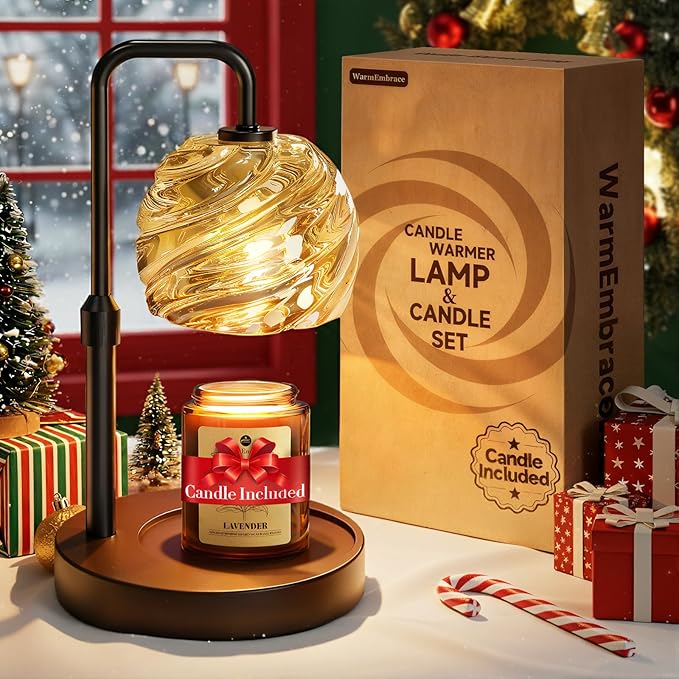 WarmEmbrace Candle Warmer Lamp with Lavender Candle Set, Electric Wax Warmer Lamp with Auto Timer & 4 Dimmable Lights, Adjustable Height for Jar Candles, Elegant Home Decor Gift for Women, Black