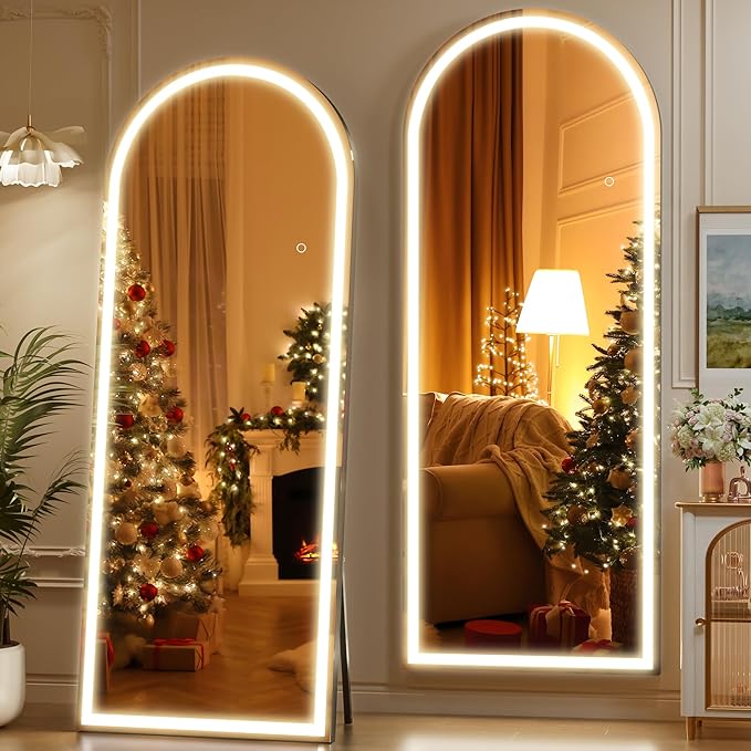 Hasipu 71" x 24" Led Mirror Full Length, Arch Mirror Full Length with Lights, Floor Full Body Glass with Stand,Tempered Glass,Shatter-Proof, Dimming & 3 Color for Bedroom Cloakroom-UL