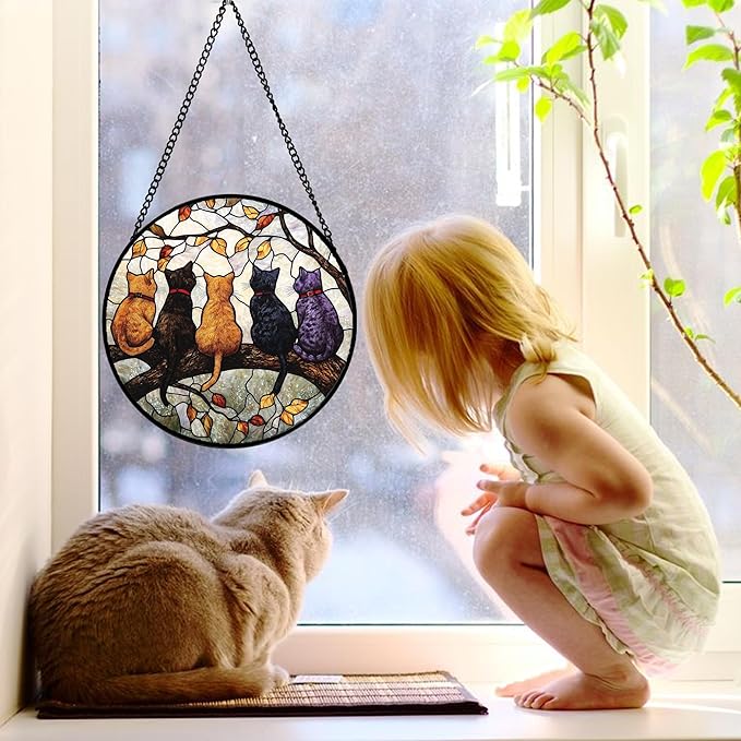Stained Glass Window Hanging - 5 Cats on a Branch Suncatcher for Window Doors Home Decoration and Christmas, Mother's Day Father's Day Birthday Gifts for Women, Men, and Mom 7.8x7.8 in
