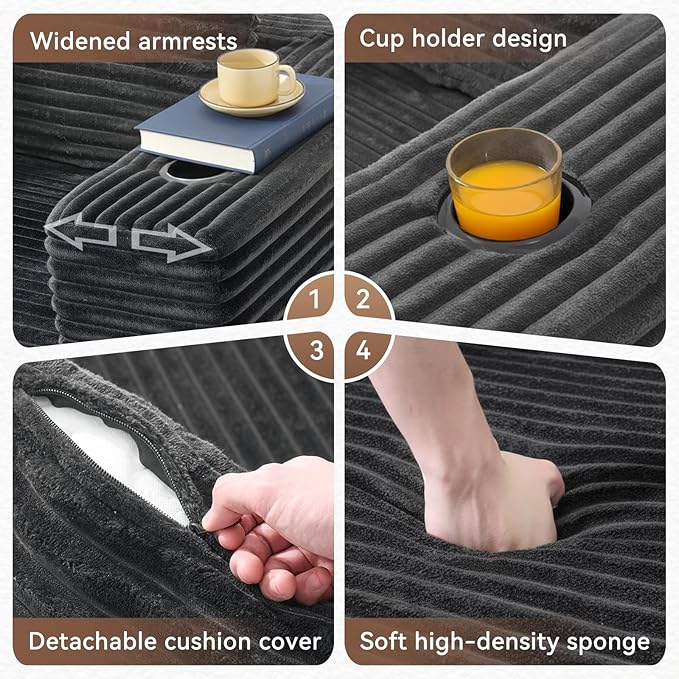 106" Cloud Couch Corduroy Modular Sectional Sofa L-Shape Boneless Couch with Wide Armrests and Cup Holders for Living Room Bedroom, No Assembly Required (Grey)