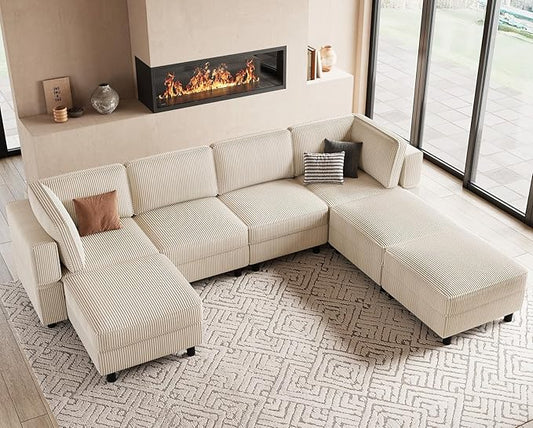 114.2" Modular Sectional Sofa with Deep Storage Seat,Corduroy 7 Seat U Shaped Sofa Couch,Modular Sofa Couch with Movable Ottoman Chaise,Upholstered Sectional Couches for Living Room,Beige