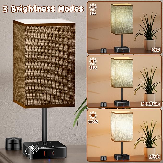 cozoo Bedroom Table Lamp with Remote Operation Control,Dimmable Bedside Table Desk Lamps with USB C+A Charging Ports 2 AC Outlets (Brown + Remote)
