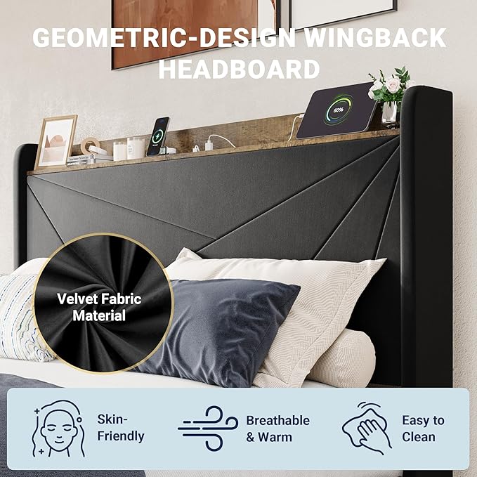 Allewie Full Size Velvet Bed Frame with 3 Storage Drawers, Upholstered Platform Bed with Wingback Storage Headboard and USB Ports, No Box Spring Needed, Easy Assembly, Black